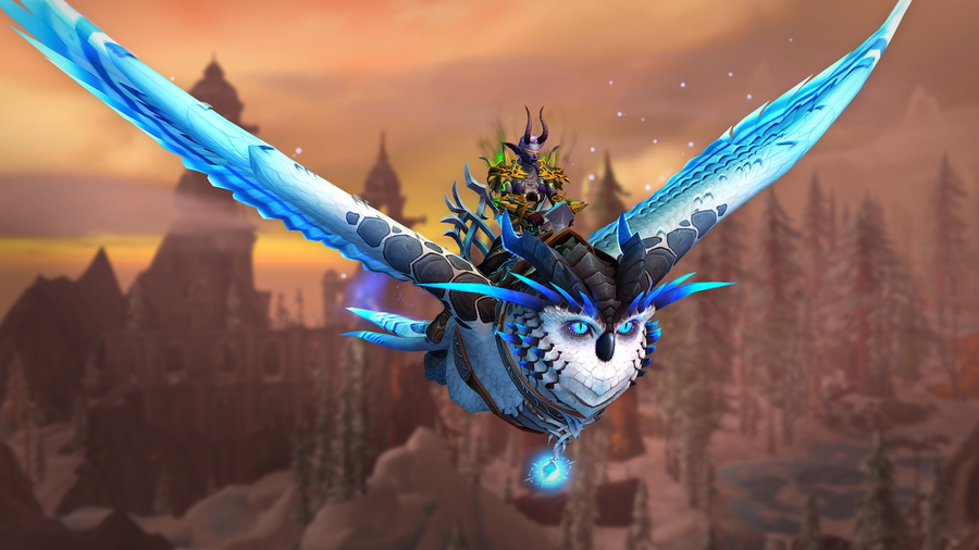A flying blue owl with draconian slitted blue eyes and backswept horns, big bushy blue eyebrows, and a glowing blue talisman around its neck, ridden by a male demon hunter.